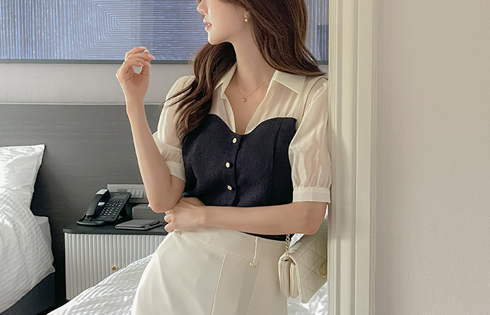 Color Combination Tweed Bustier See-through Blouse