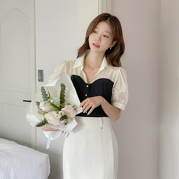 Color Combination Tweed Bustier See-through Blouse