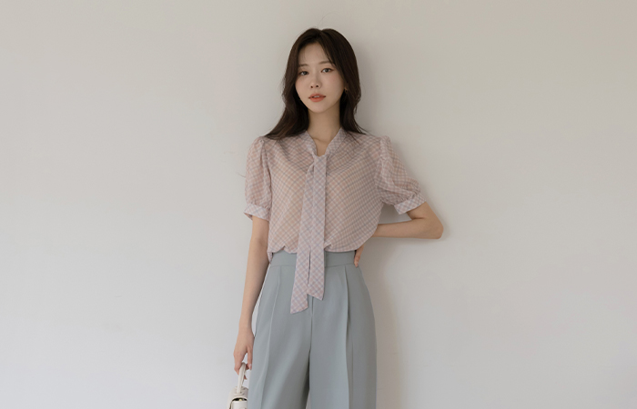 Soft Check Tie Neck Blouse