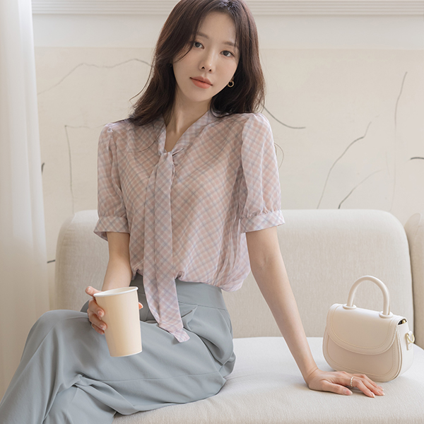 Soft Check Tie Neck Blouse