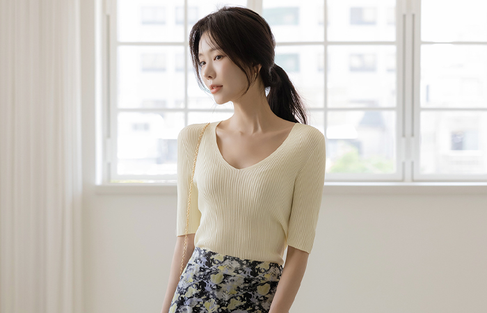 Cooling Whole Garment V-neck Corduroy Knit
