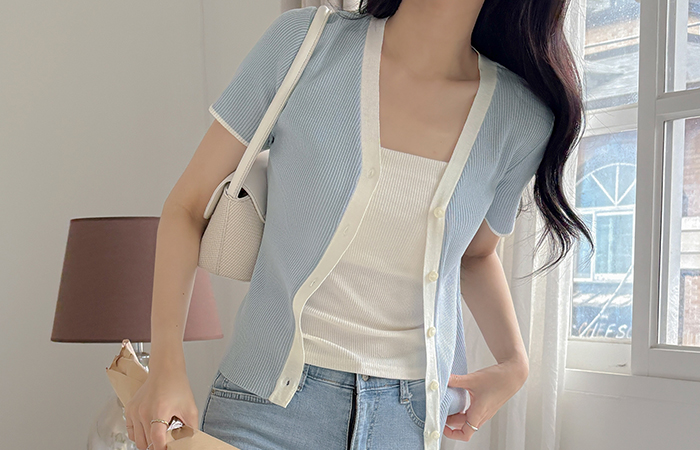 Color Combination VNeck Short-sleeve Corduroy Cardigan