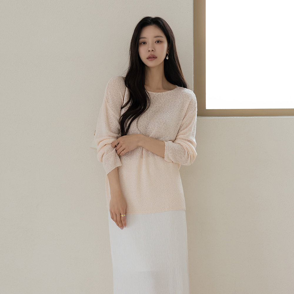 Peach slender Bouclé Boat Neck Knit(+Belt)
