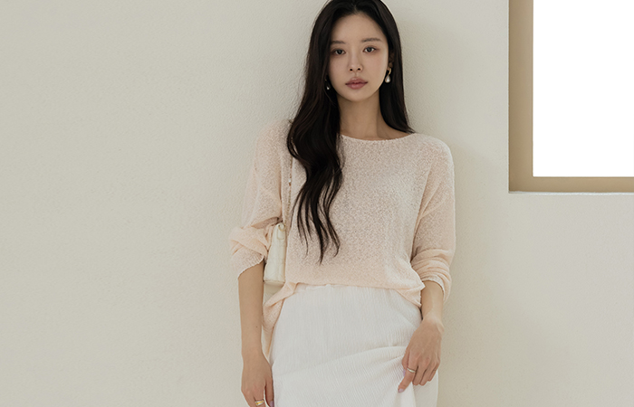 Peach slender Bouclé Boat Neck Knit(+Belt)