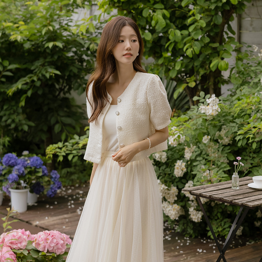 Muse Summer pearl Tweed Puff Sleeves Crop Jacket