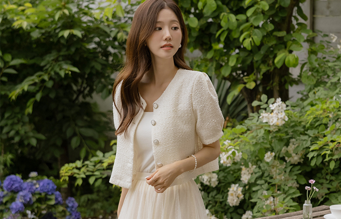 Muse Summer pearl Tweed Puff Sleeves Crop Jacket