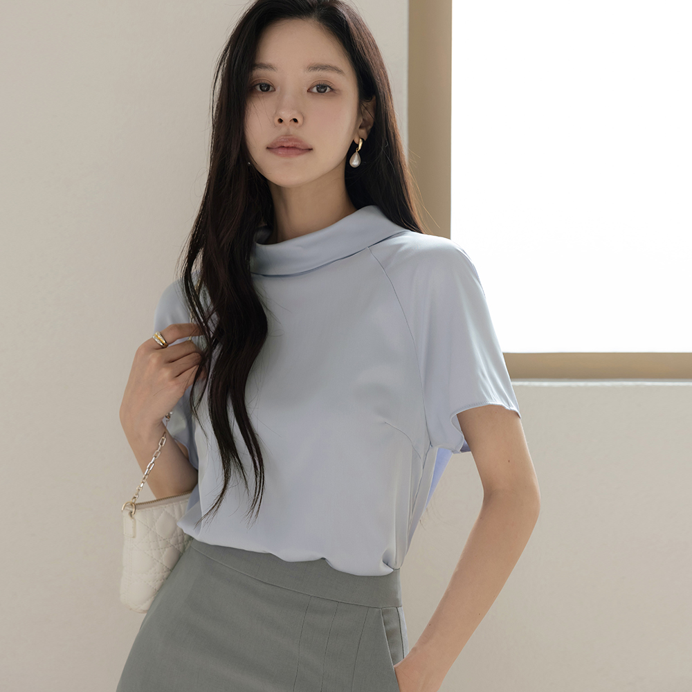 Back-Button Polo Glossy Blouse