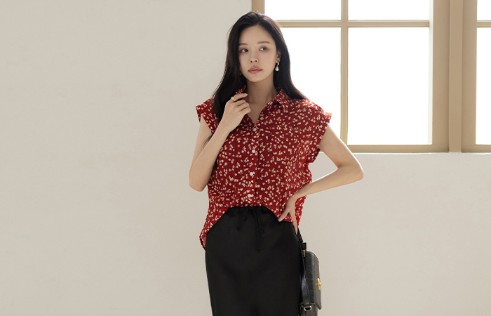 Floral Collar Wrinkle Roll-up Shirt