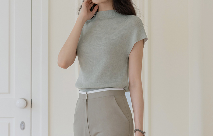 Summer Linen Half-Highneck Cap-Sleeves Knit