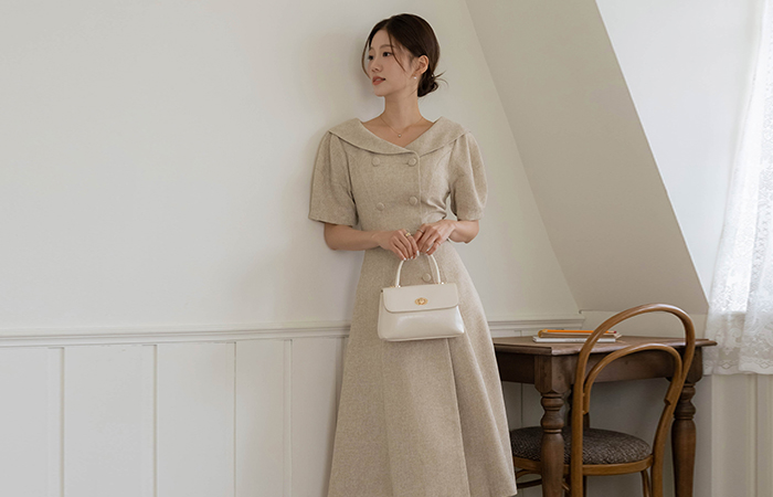 Hepburn Shawl Collar A-line Tweed Dress(+Belt)