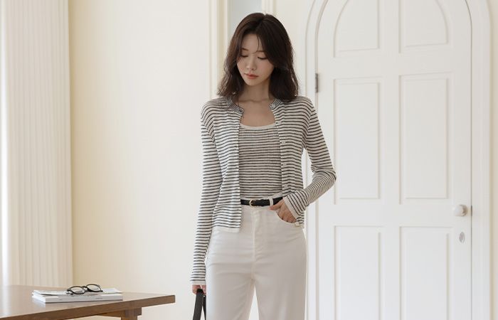 Stripe Corduroy Sleeveless shirts&Cardigan SET