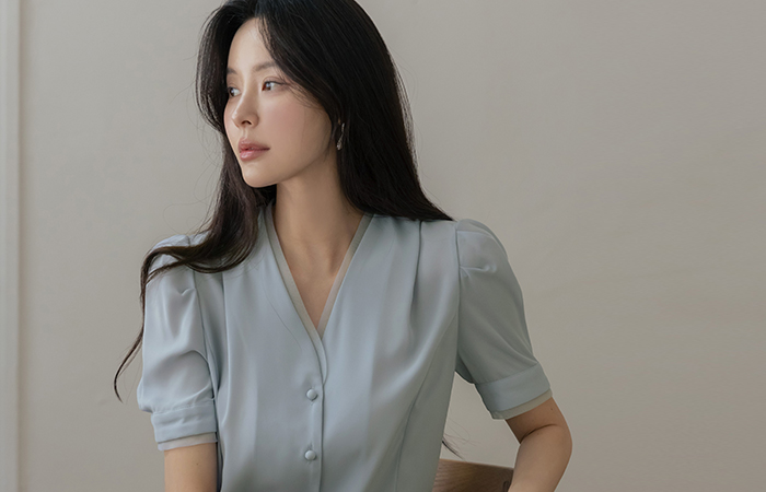 Organza Color Combination Lining Pintuck Puff Blouse