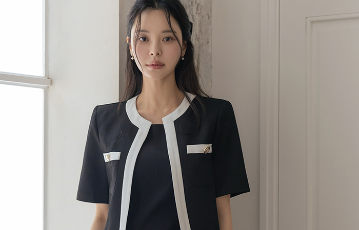 Classic Color Combination Line Crop Set-up Jacket(Summer)