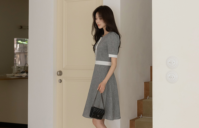 White Color Combination Tweed Flared Dress