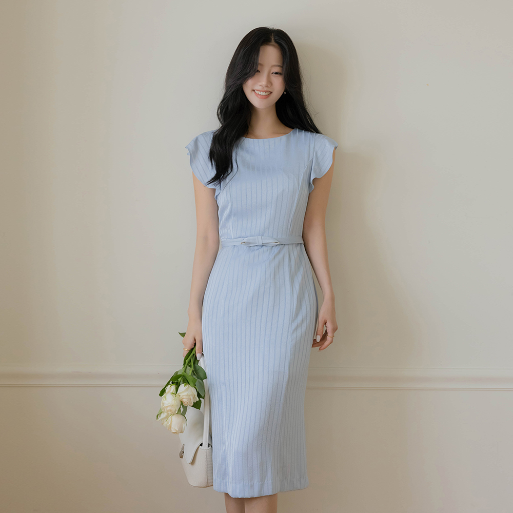 Ellin Frill Sleeves Stripe Dress(+Belt)