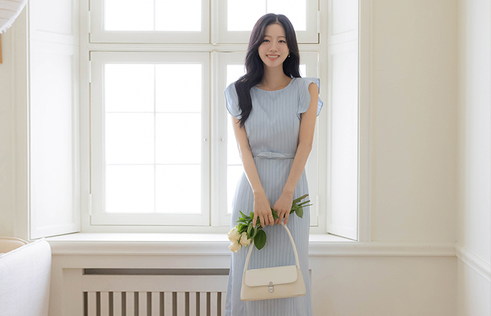 Ellin Frill Sleeves Stripe Dress(+Belt)