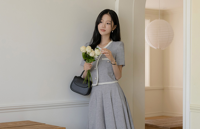 Mari Summer Tweed Color Combination Short-sleeve Set-up Jacket