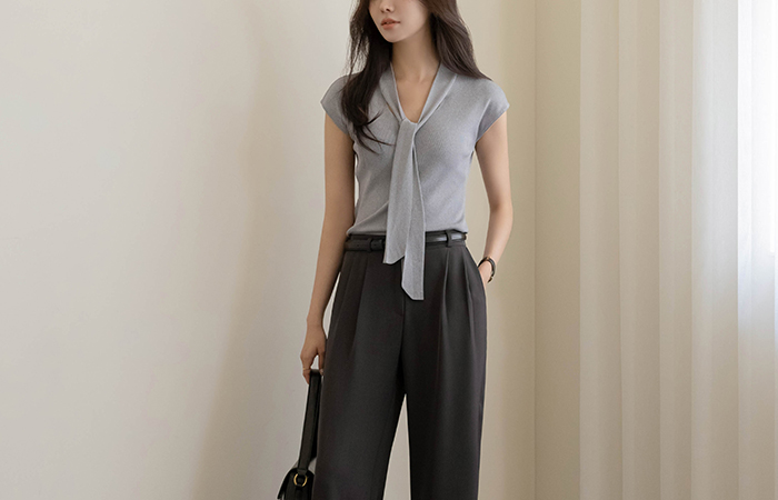 ODE Tie Neck Cool Cap-Sleeves Knit