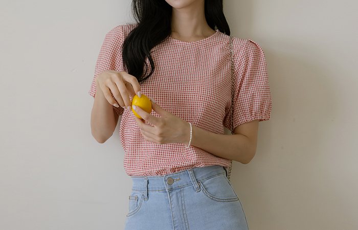 Waffle Check Span Puff Blouse