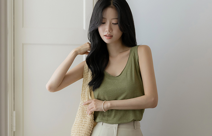 바이 Linen UNeck Sleeveless shirts T-shirt