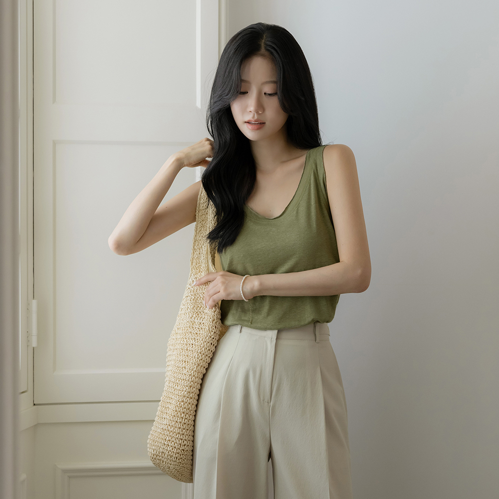 바이 Linen UNeck Sleeveless shirts T-shirt