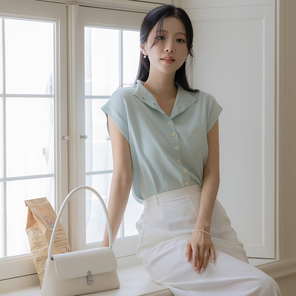 Button Neck Cap-Sleeves Knit