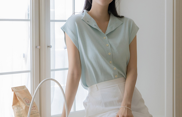 Button Neck Cap-Sleeves Knit
