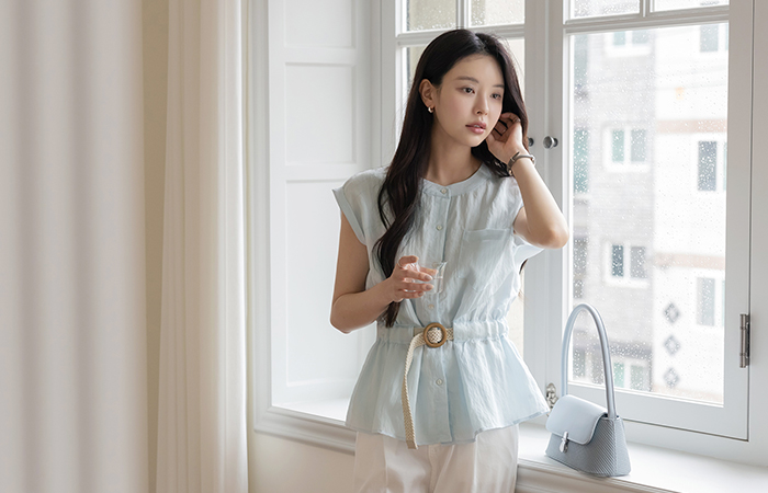 Raund neck Belt Shirt Blouse(+Belt)