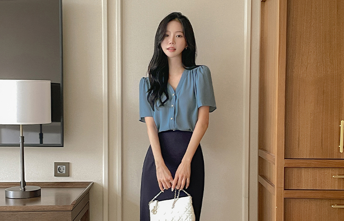 Shirring Shoulder VNeck Blouse