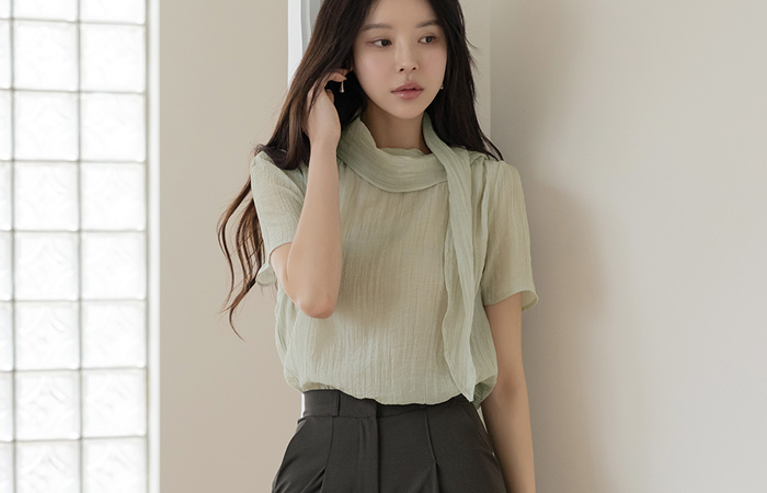 Wrinkle Tie Neck See-through Blouse