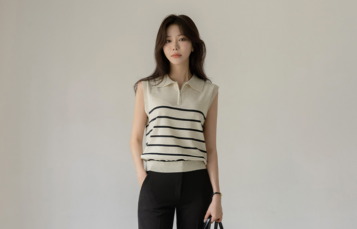 Stripe Polo Linen Sleeveless shirts Knit