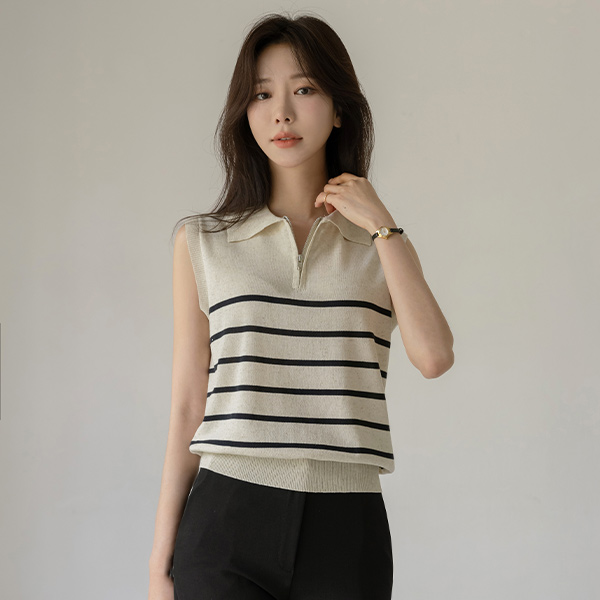 Stripe Polo Linen Sleeveless shirts Knit