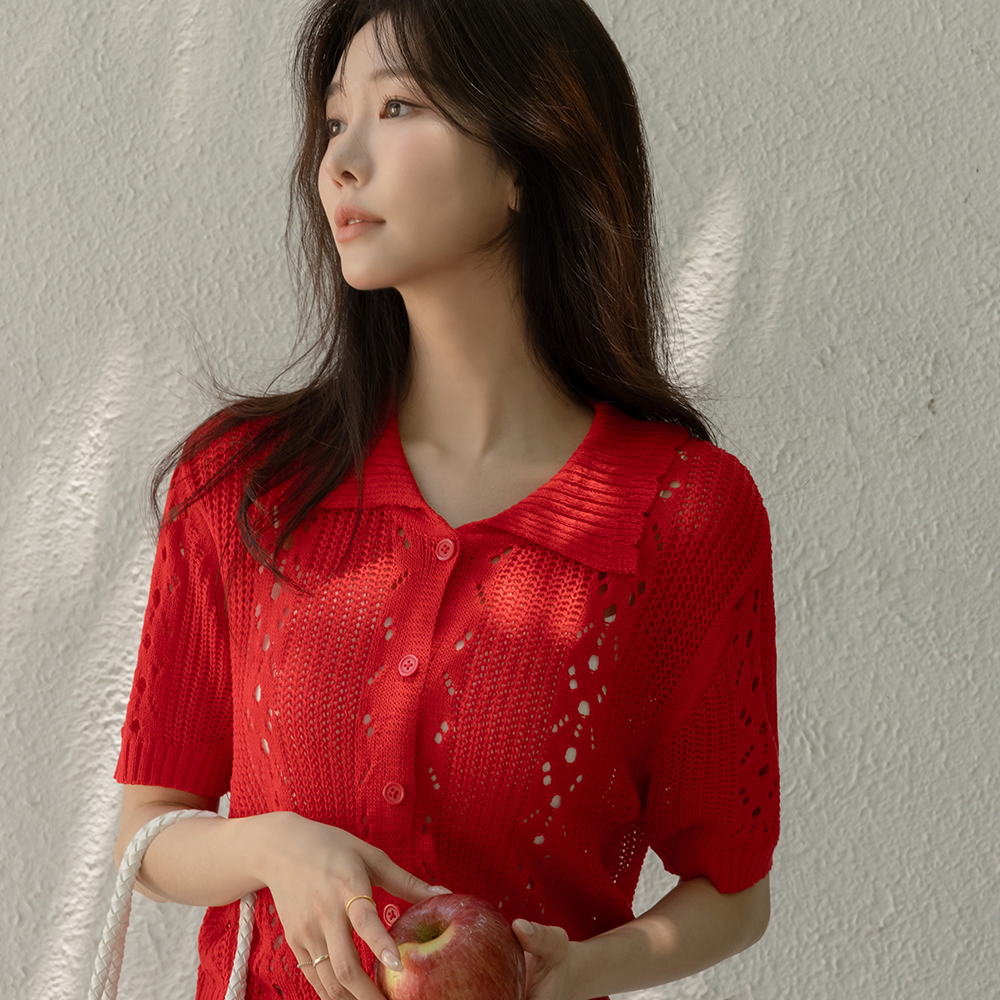 Punching Woven Polo Short-sleeve Cardigan