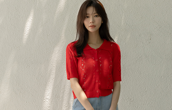 Punching Woven Polo Short-sleeve Cardigan