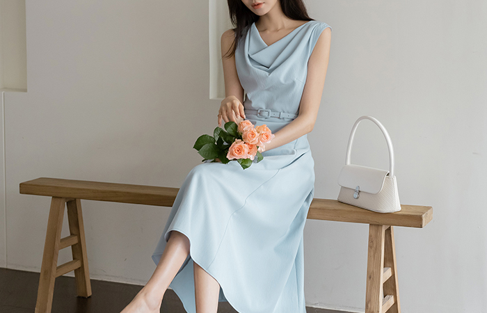 Cowl Neck Sleeveless shirts A-line Dress(+Belt)