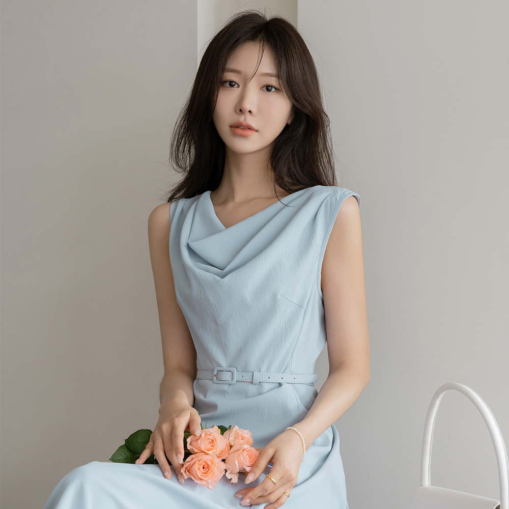 Cowl Neck Sleeveless shirts A-line Dress(+Belt)