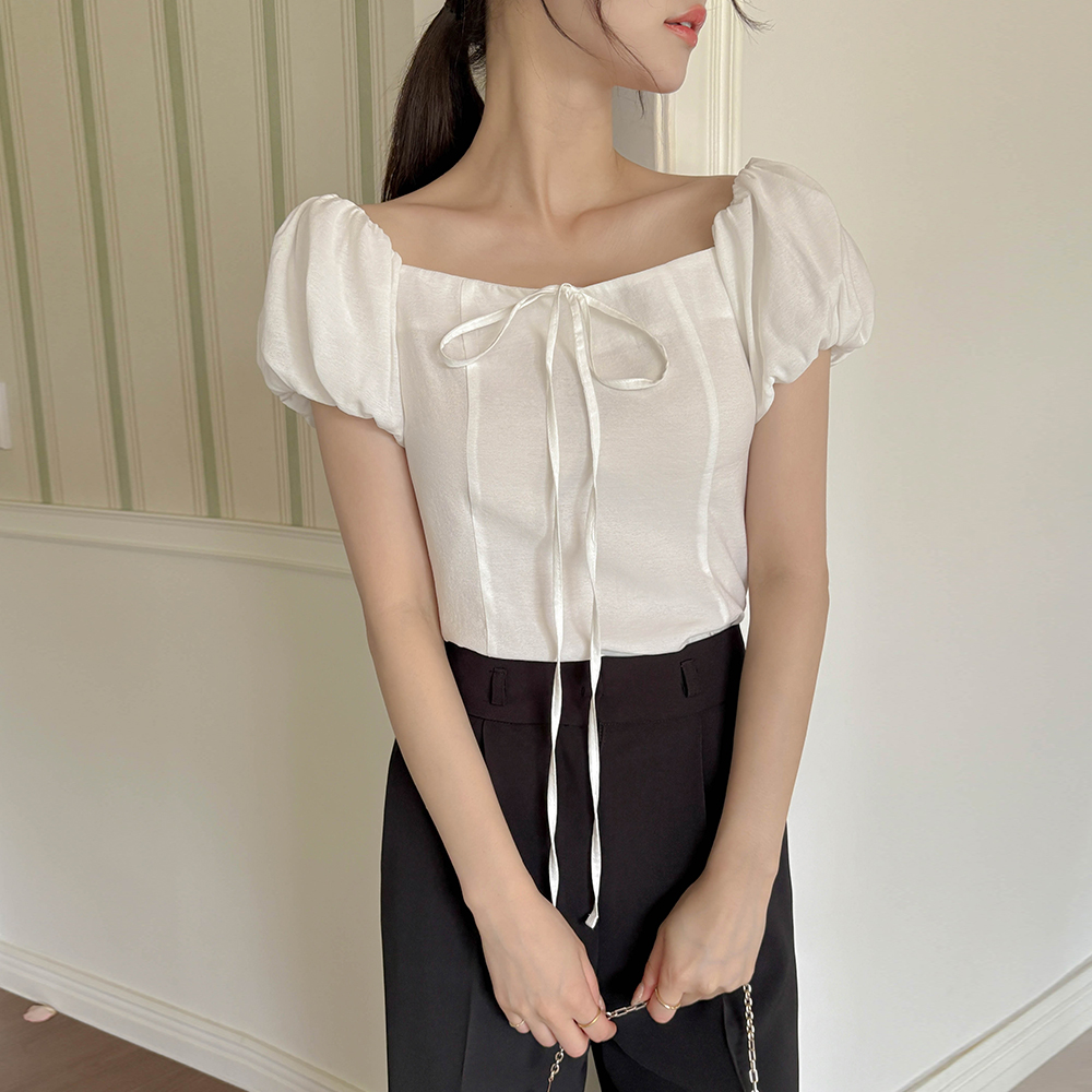 Ribbon Strap Square Neck Puff Blouse