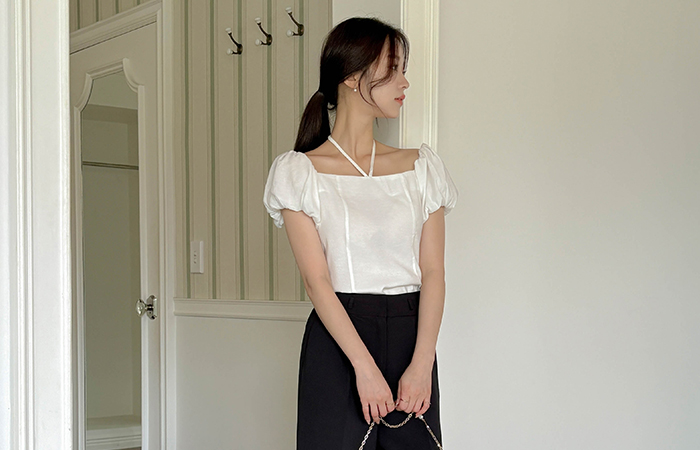 Ribbon Strap Square Neck Puff Blouse