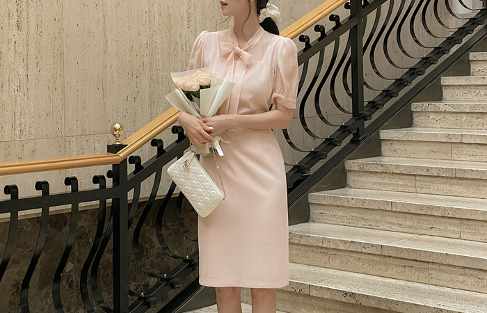 See-through Color Combination Ribbon neckline H-line Dress