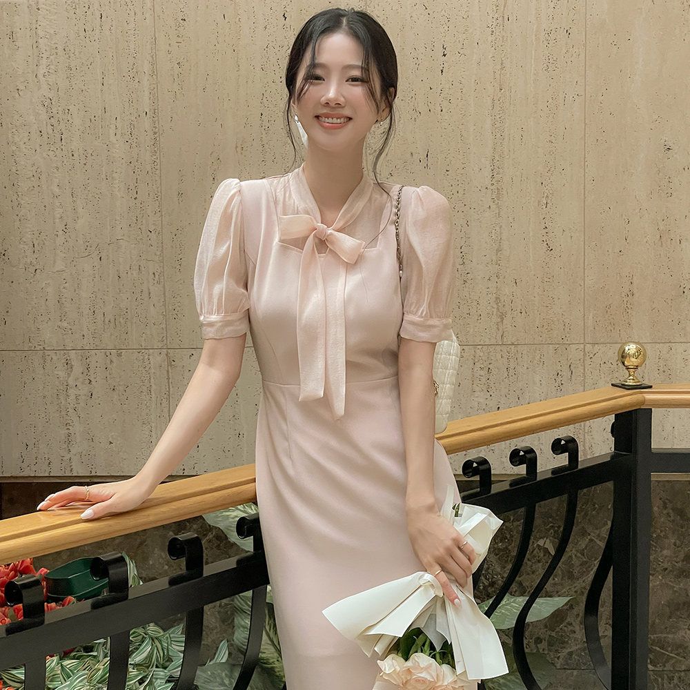 See-through Color Combination Ribbon neckline H-line Dress