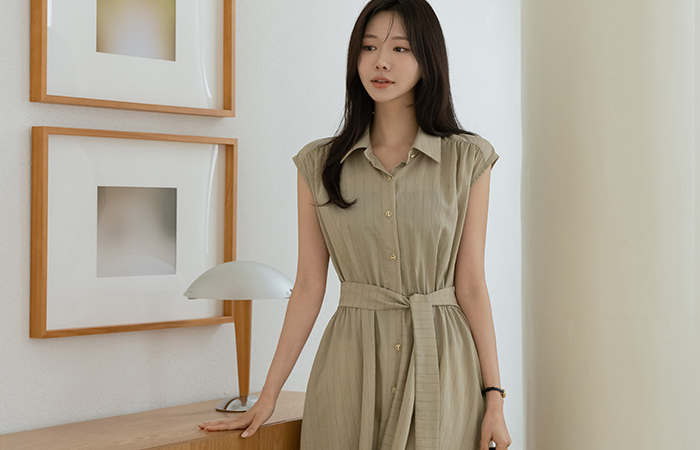 Stripe Linen Collar Sleeveless shirts Dress(+Belt)