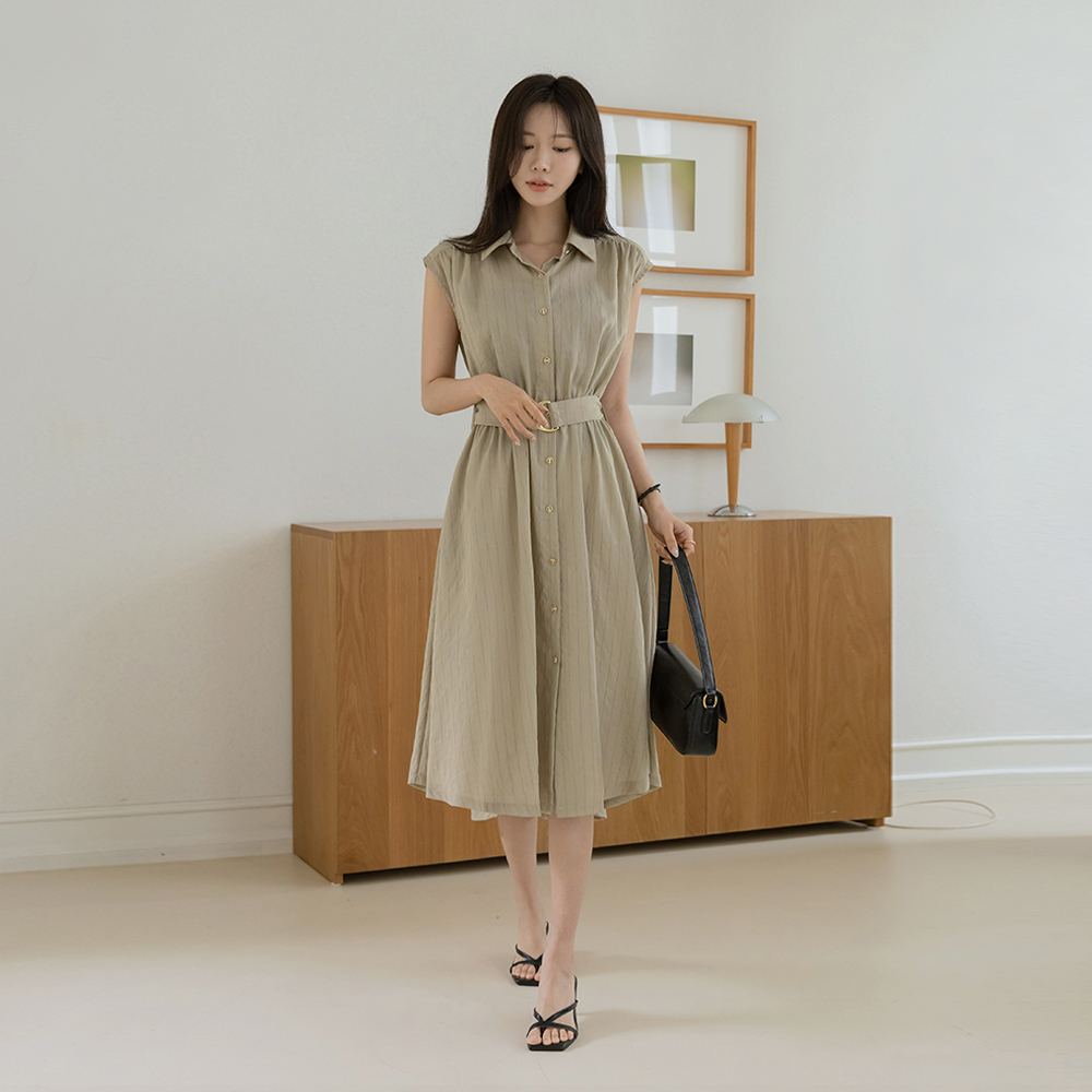Stripe Linen Collar Sleeveless shirts Dress(+Belt)
