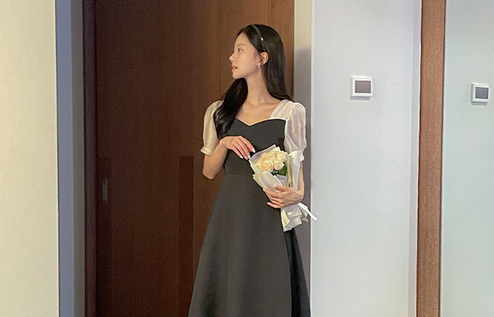Heart Neck Color Combination A-line Dress