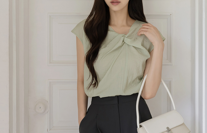 Romantic Twist-Neck Cap-Sleeves Blouse