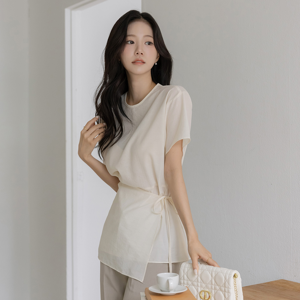 Tencel Strap Belt Wrap Style Blouse
