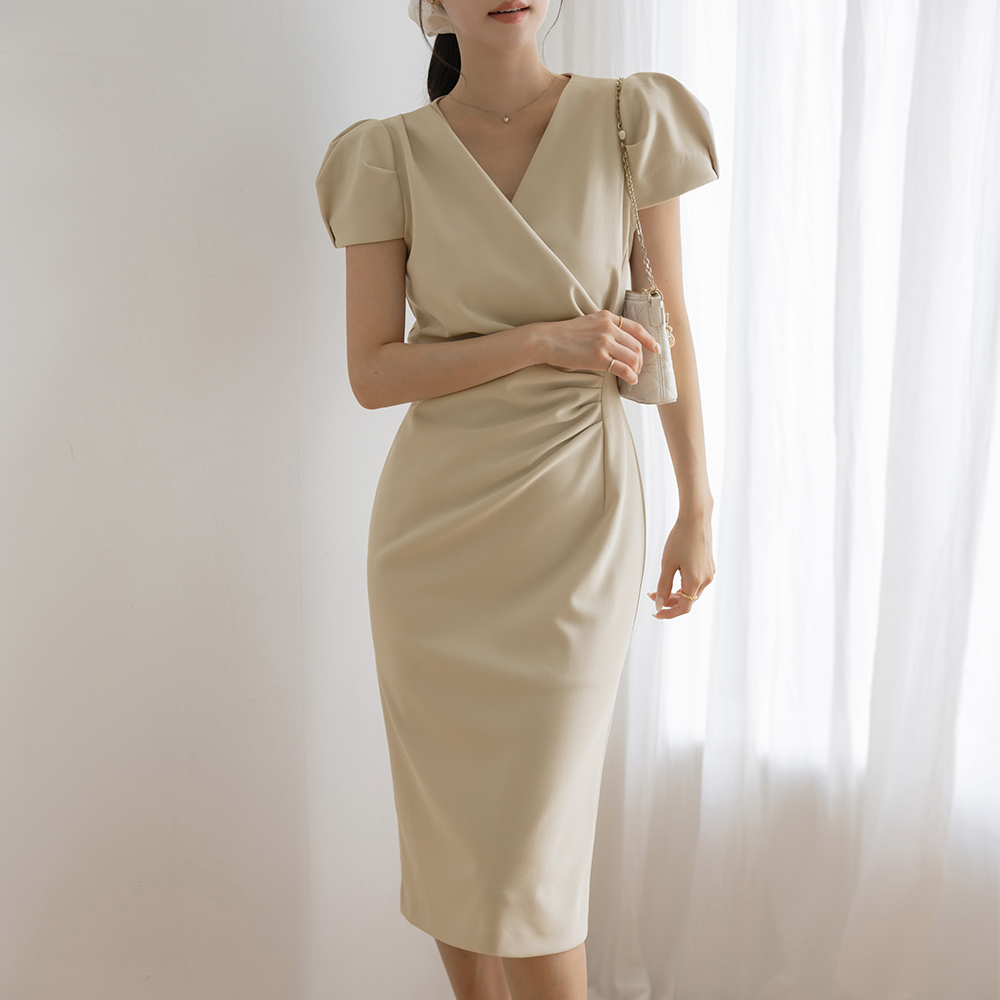 Glam Fit Puff Wrap Shirring Span Dress