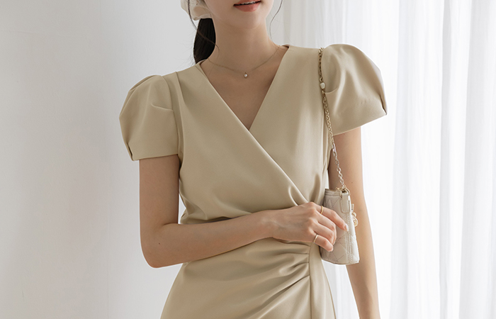 Glam Fit Puff Wrap Shirring Span Dress