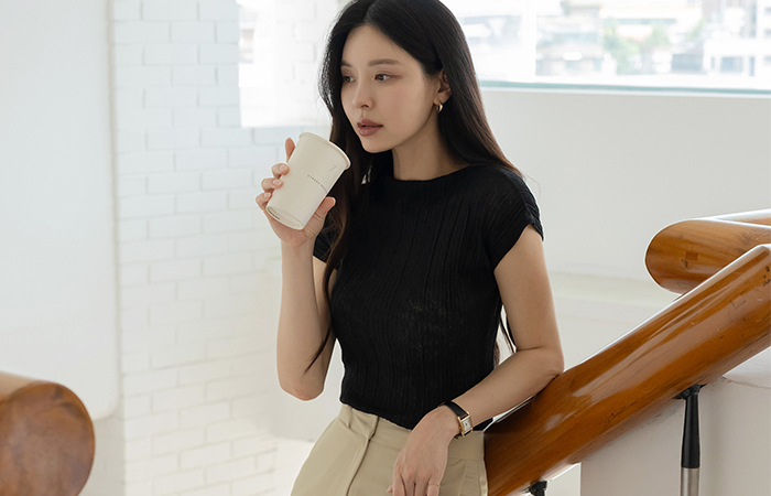 ODE Corduroy Cap-Sleeves Wrinkle Knit&Shawl SET