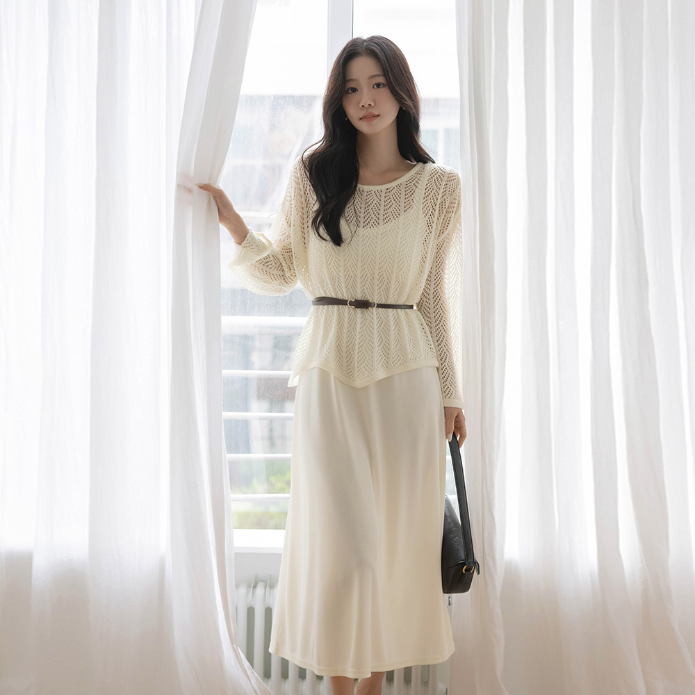 Diamond Knit&Pad Embed Sleeveless shirts Dress SET(+Belt)