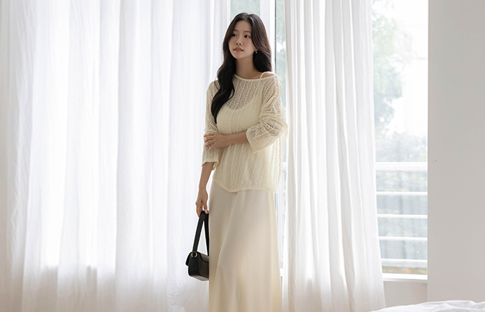 Diamond Knit&Pad Embed Sleeveless shirts Dress SET(+Belt)